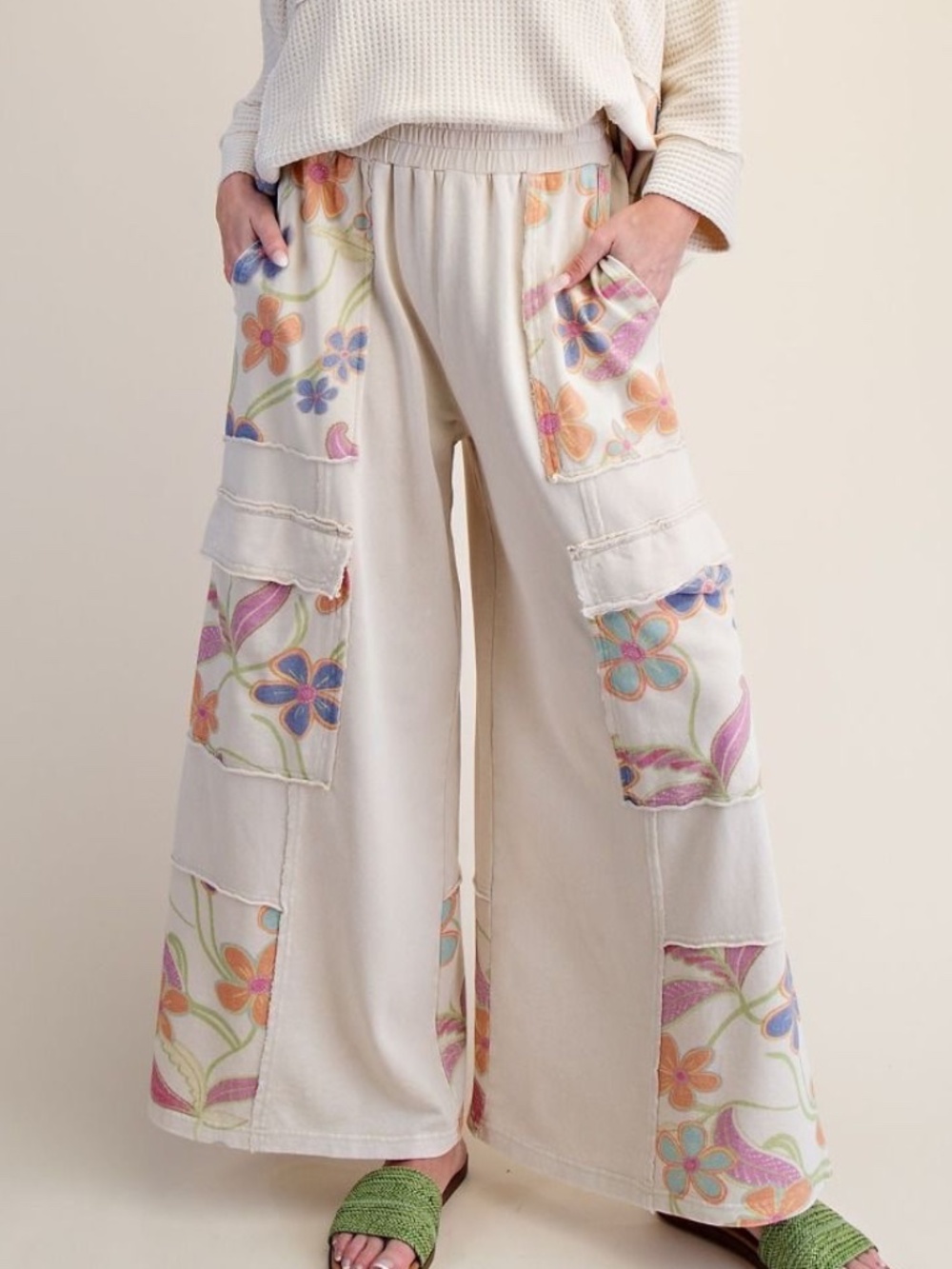 New Easel Knit Pants Boho Floral Washed Terry Relaxed Wide Leg Pull On Cargo Tan